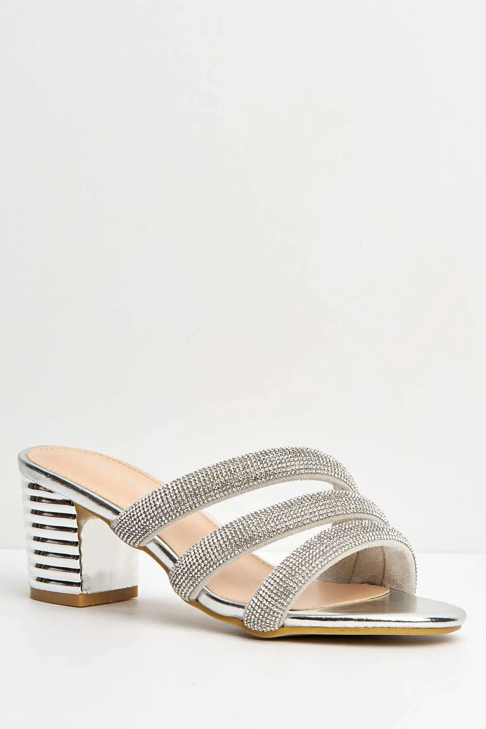 Sheila Strappy Diamante Band Heeled Mules in Silver