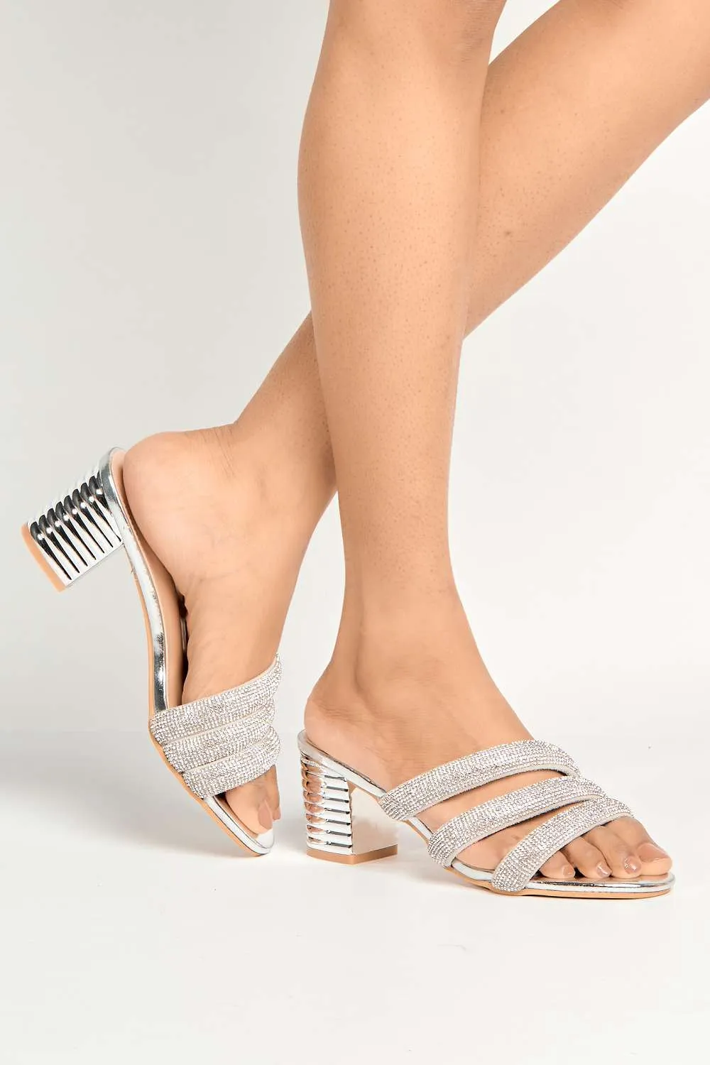 Sheila Strappy Diamante Band Heeled Mules in Silver