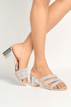 Sheila Strappy Diamante Band Heeled Mules in Silver