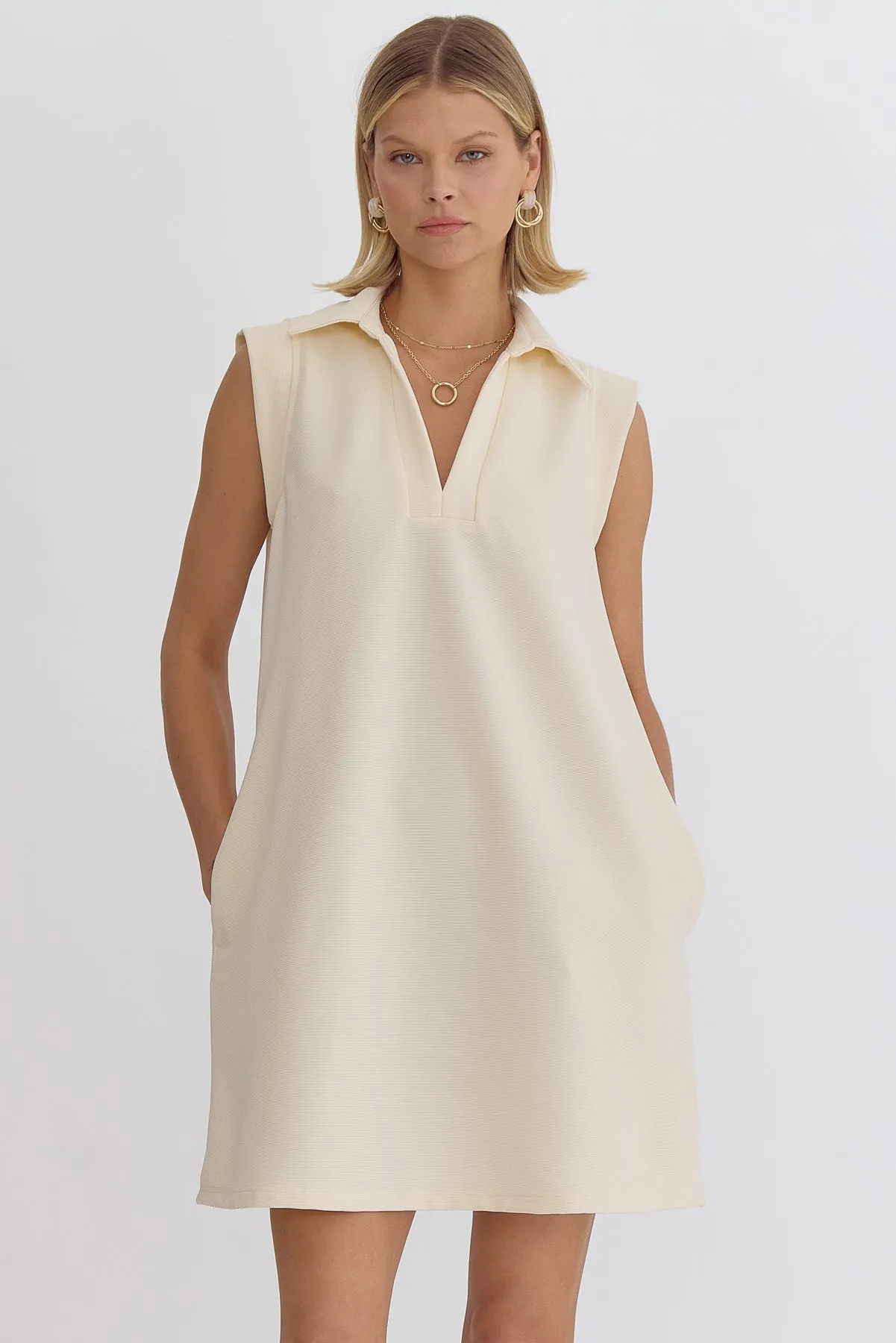 Textured Solid V Neck Collared Sleeveless Mini Dress