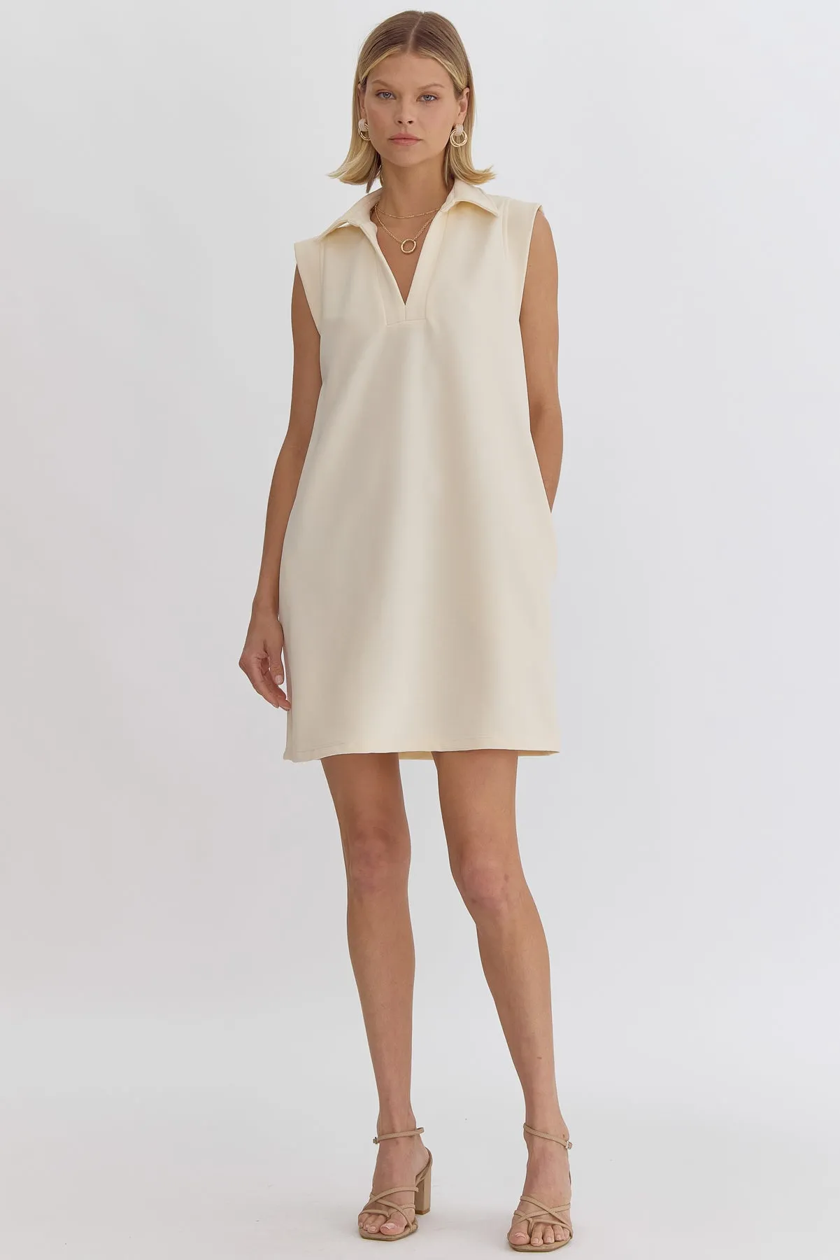 Textured Solid V Neck Collared Sleeveless Mini Dress