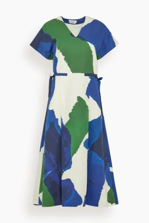 Washi Print Linen Cotton Dress in Ecru/Blue/Green
