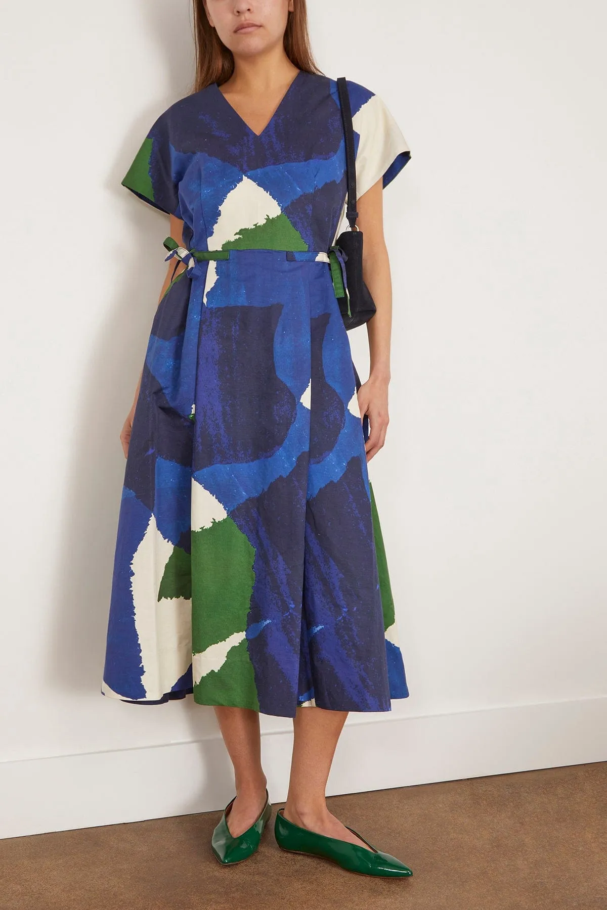 Washi Print Linen Cotton Dress in Ecru/Blue/Green