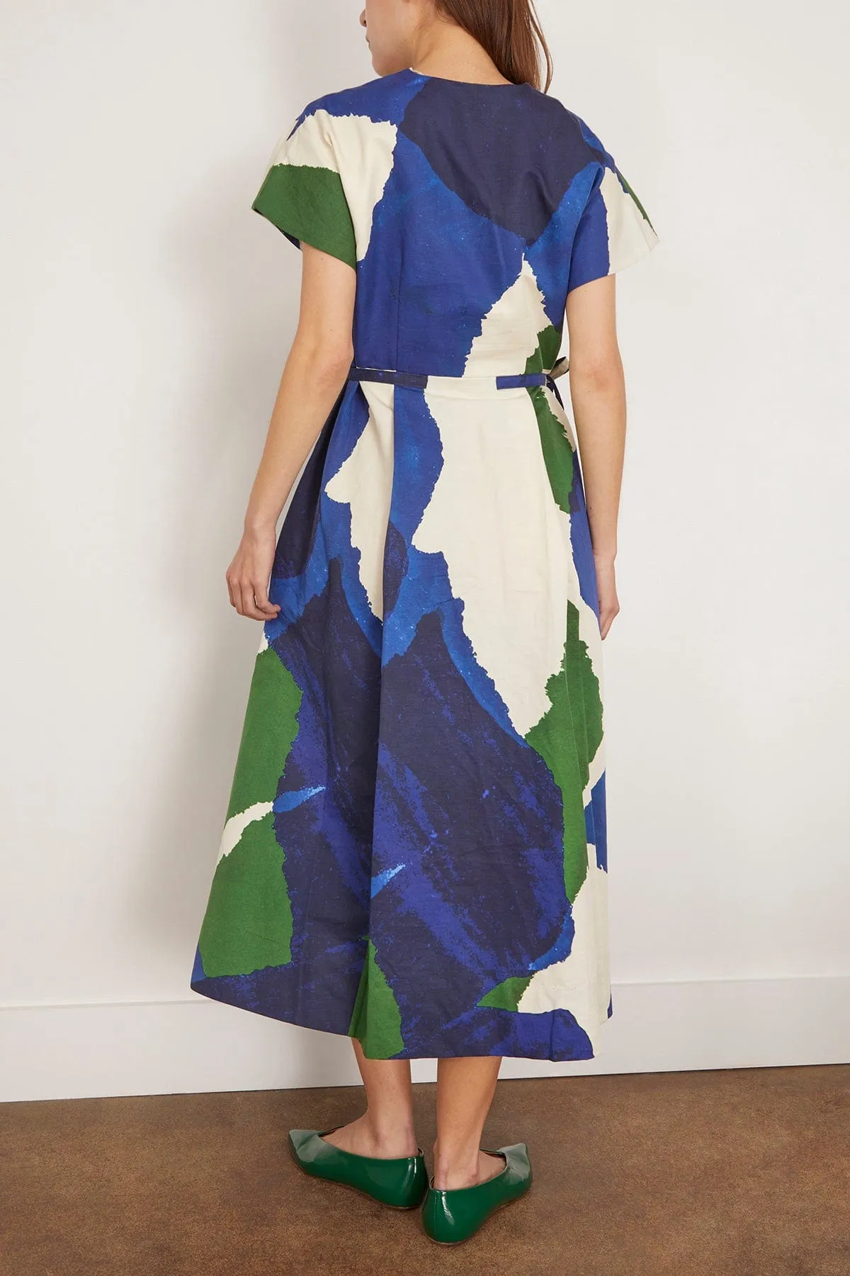 Washi Print Linen Cotton Dress in Ecru/Blue/Green