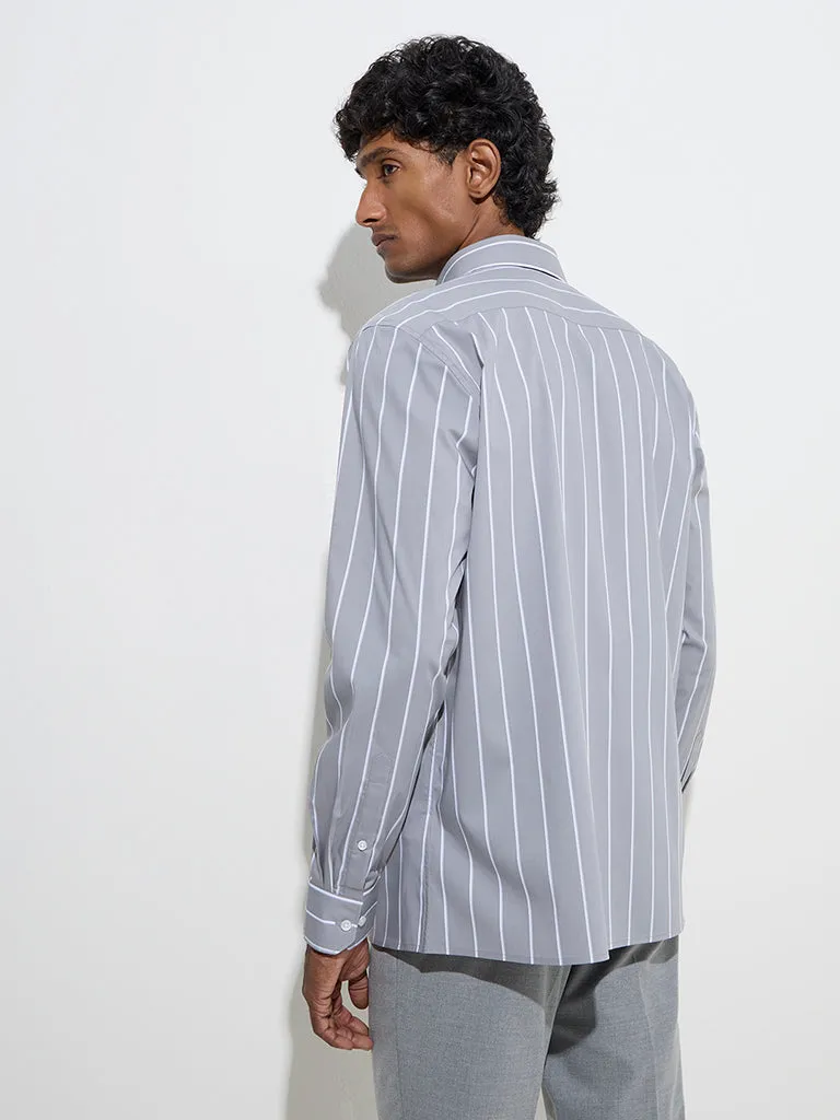WES Formals Grey Striped Slim-Fit Cotton-Blend Shirt