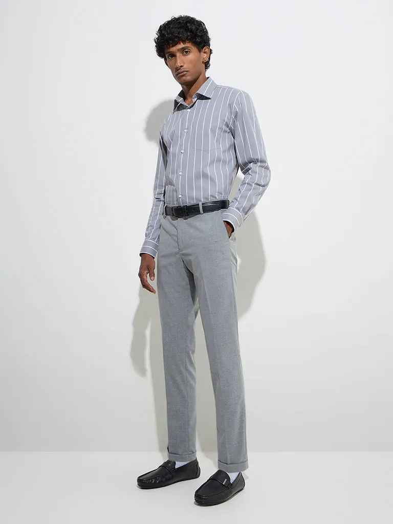 WES Formals Grey Striped Slim-Fit Cotton-Blend Shirt