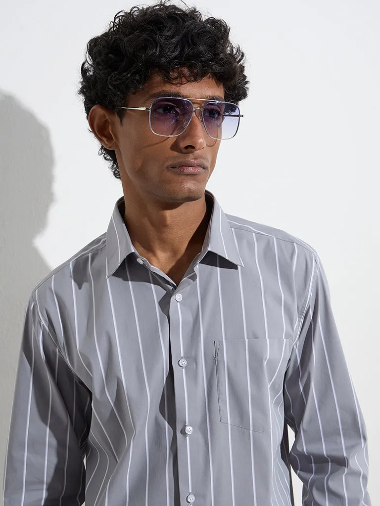 WES Formals Grey Striped Slim-Fit Cotton-Blend Shirt