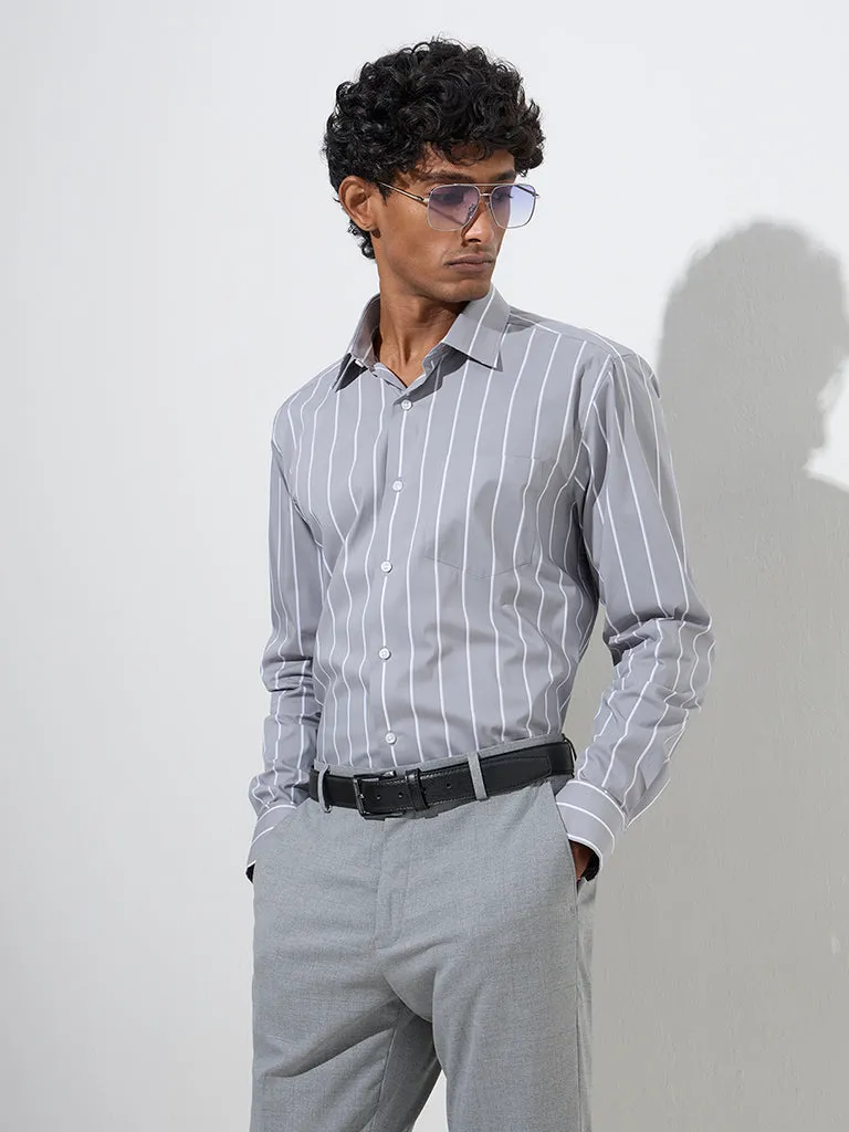 WES Formals Grey Striped Slim-Fit Cotton-Blend Shirt