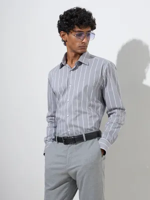 WES Formals Grey Striped Slim-Fit Cotton-Blend Shirt
