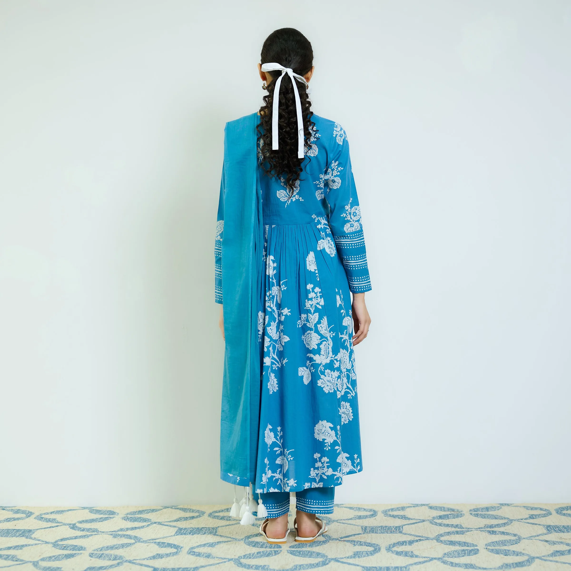 Zehra Electric Blue Cotton Kurta Set with Mul Cotton Dupatta & Tassel Detail